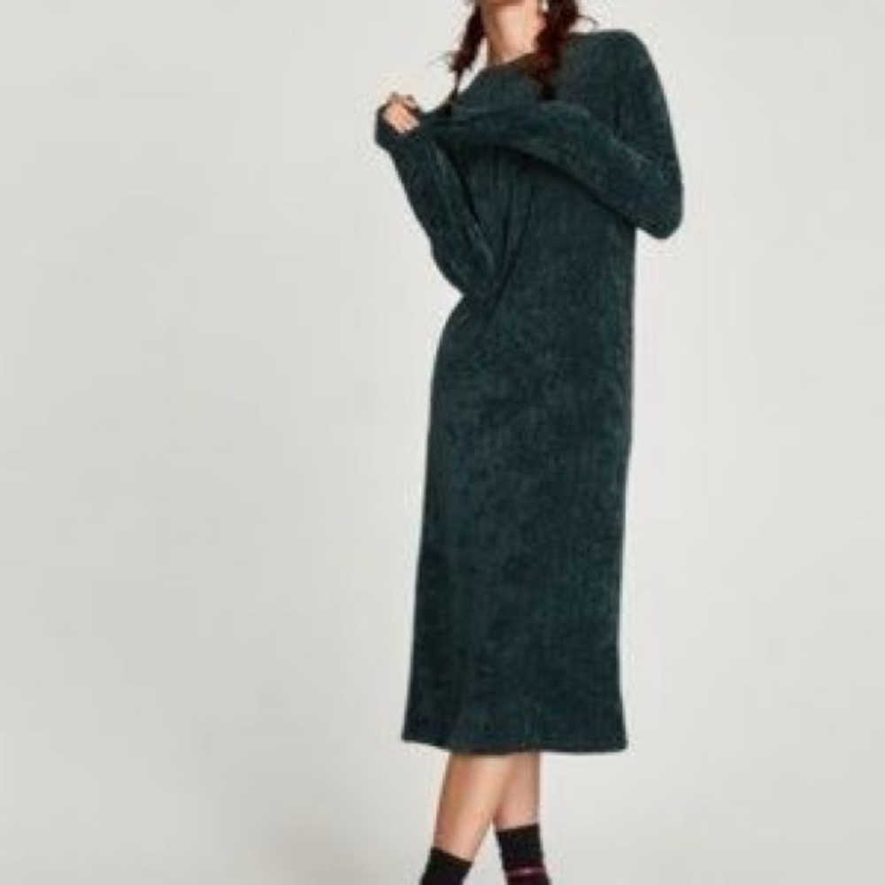 Zara Chenille Midi Green Dress Size M